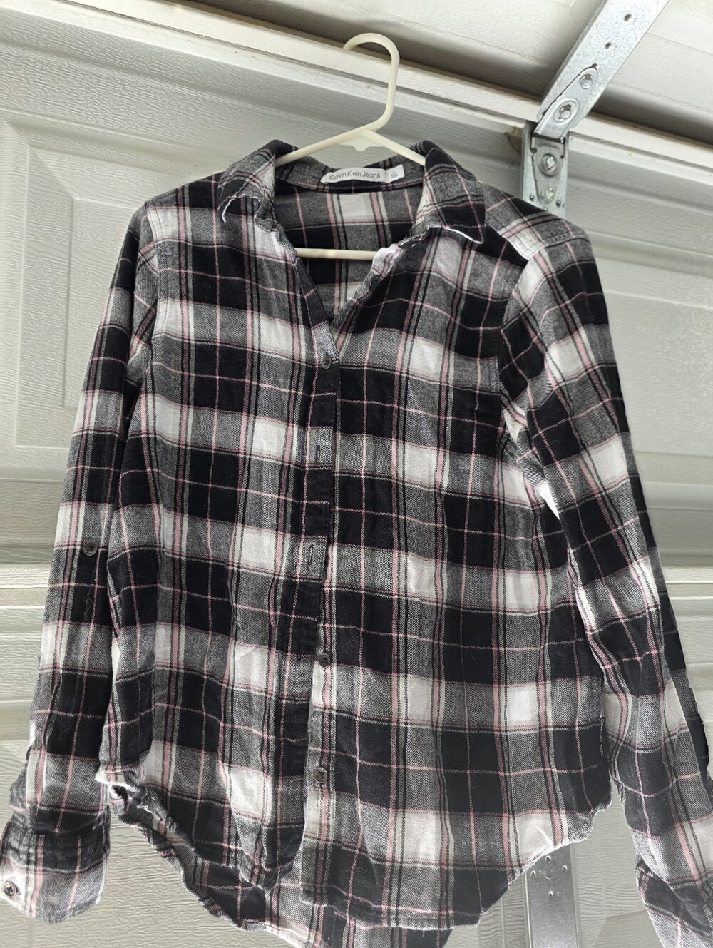 Calvin Klein Jeans Black, White & Pink Plaid Flannel Button-Down